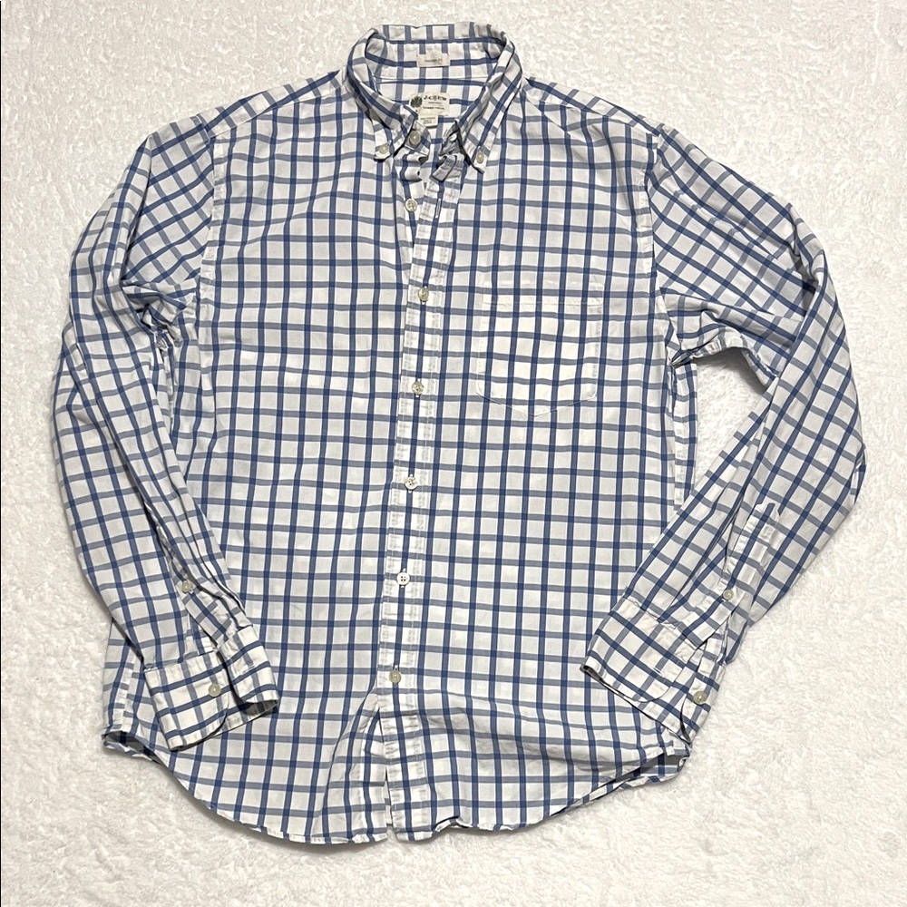J. Crew‎ Men's Blue and White Windowpane Plaid Shirt 100% Cotton Tailor Fit S